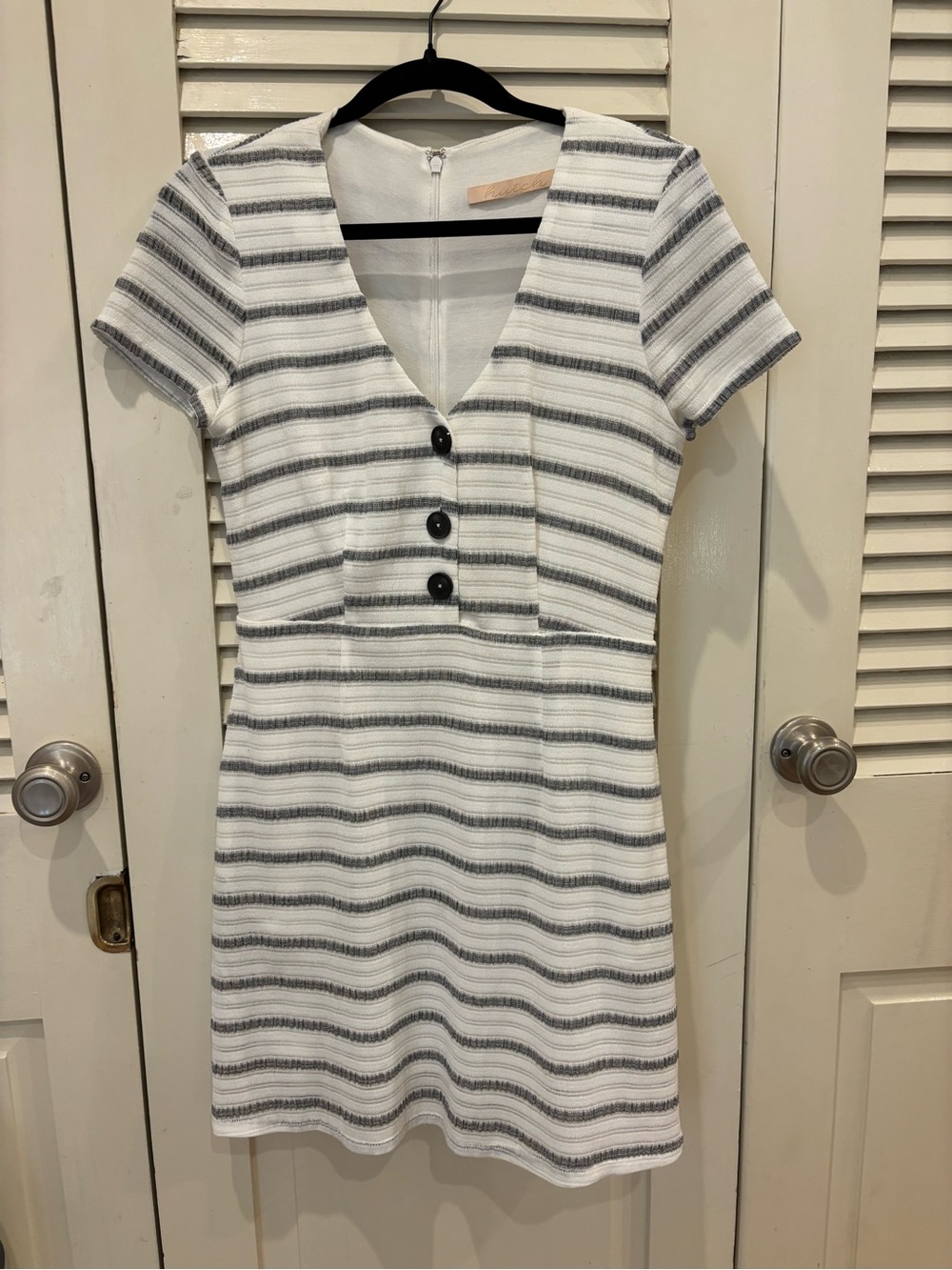 Hutch White and Gray Striped V-Neck Short Sleeve Mini Dress